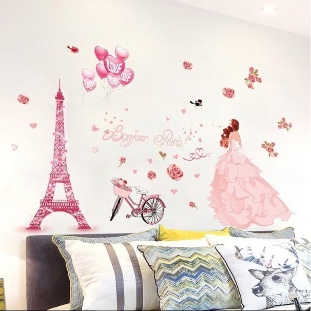 Decal trang trí tường - Sự Lãng Mạn của Tháp hồng và Phía sau Cô Gái