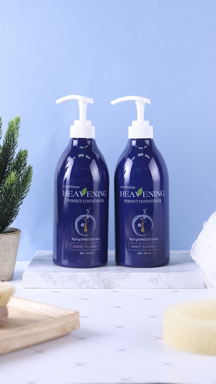 Bộ chăm sóc tóc Dầu Gội &amp; Dầu Xả dưỡng chất suôn mượt Heavening 750ml tặng kèm mũ tắm họa tiết hoa