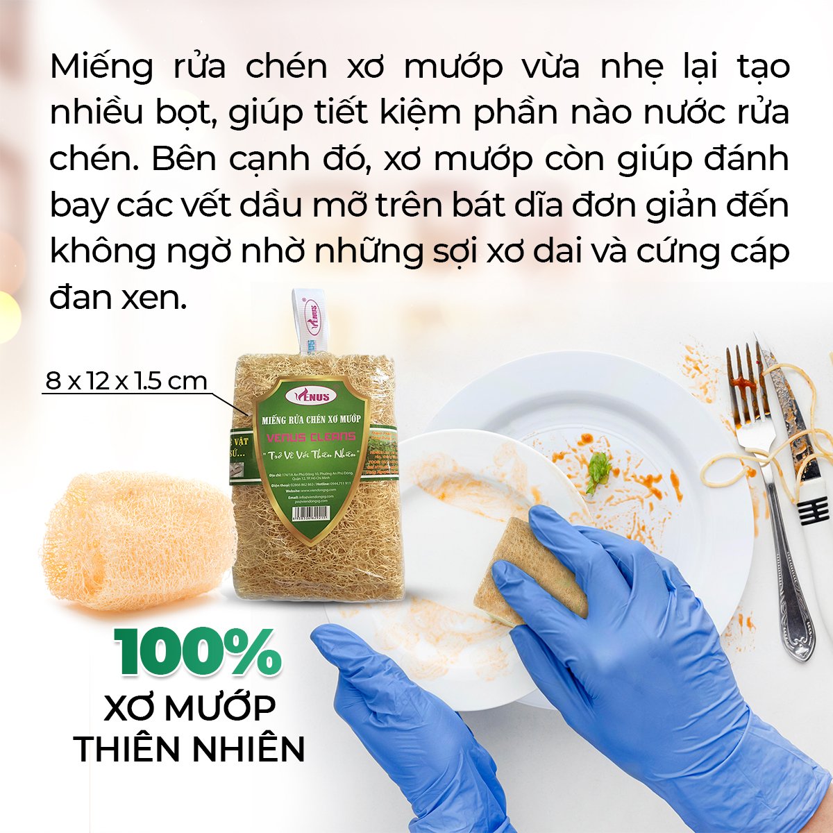 Miếng rửa chén xơ mướp Venus Cleans tạo nhiều bọt, làm sạch những vết bẩn nhất trên chén đĩa