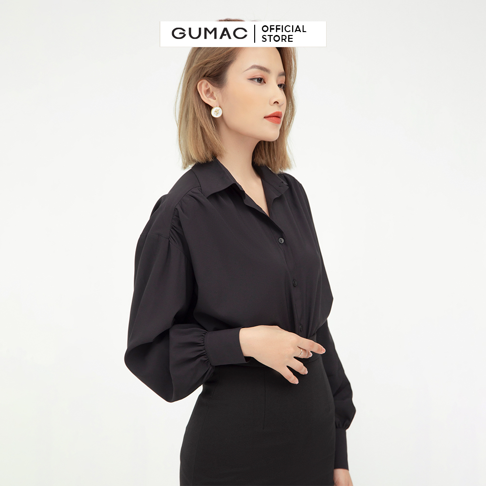 Áo sơ mi nano thiết kế tay phồng phối măng sết GUMAC AB504