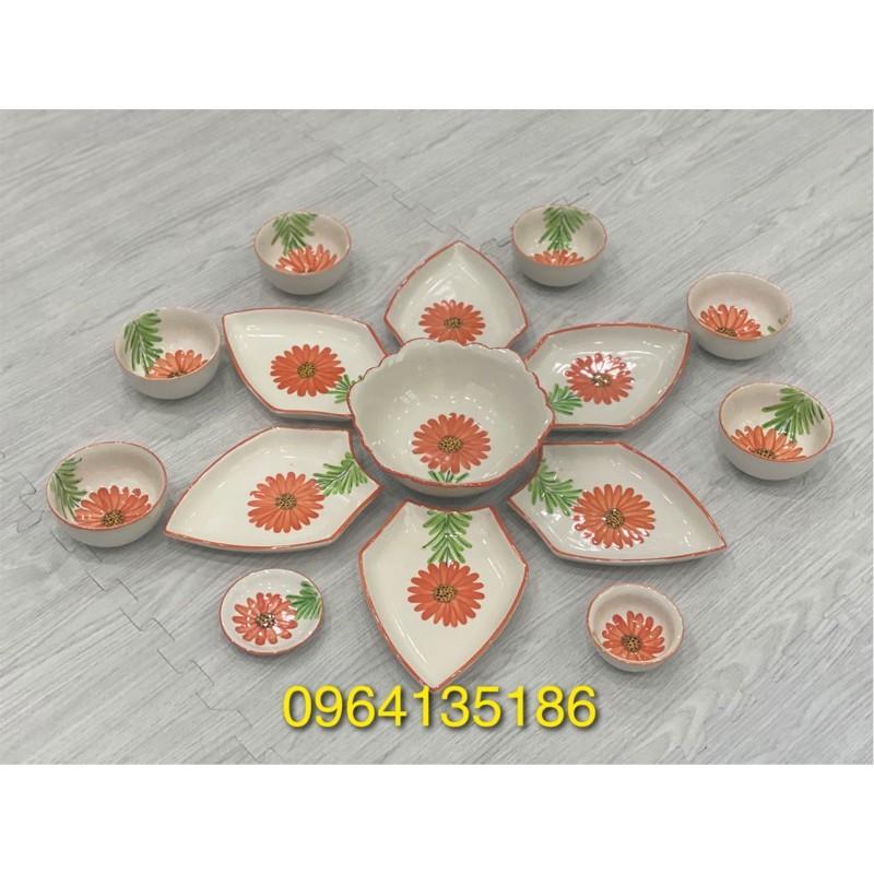 Set đĩa đựng đồ ăn hoa mặt trời cánh nhọn vẽ hoa đồng tiền gốm sứ Bát Tràng