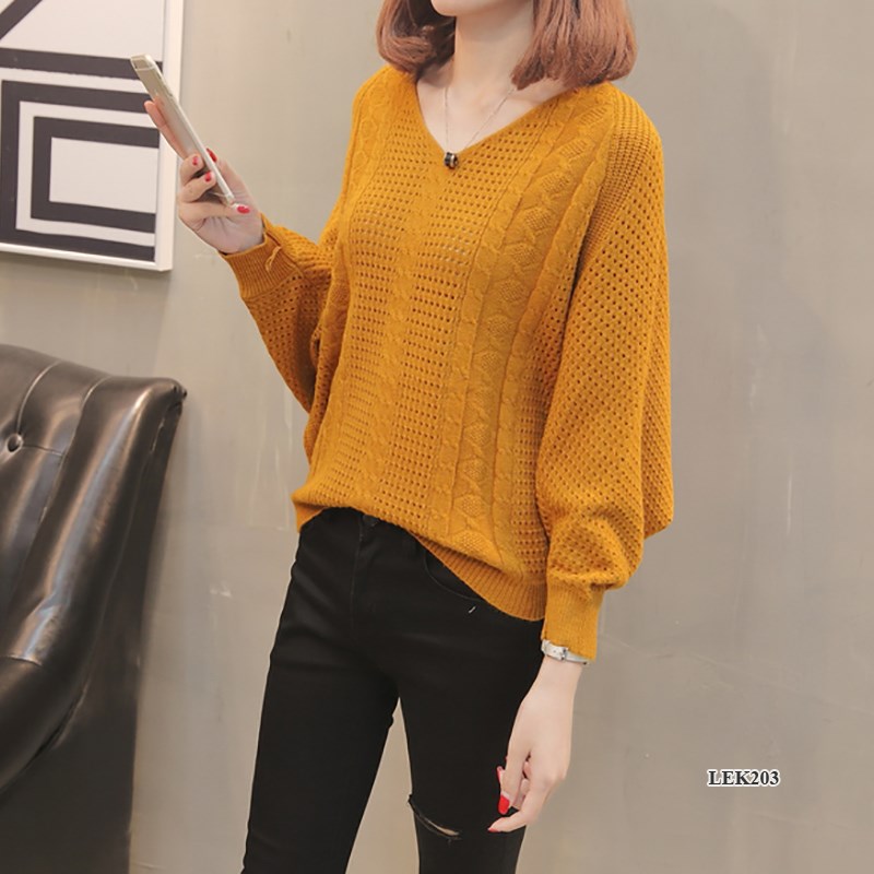 Áo len nữ cao cấp, thiết kế cánh dơi, cổ V Hàn Quốc - kiểu đan lưới rỗng thoáng khí hợp với mùa Xuân, Thu