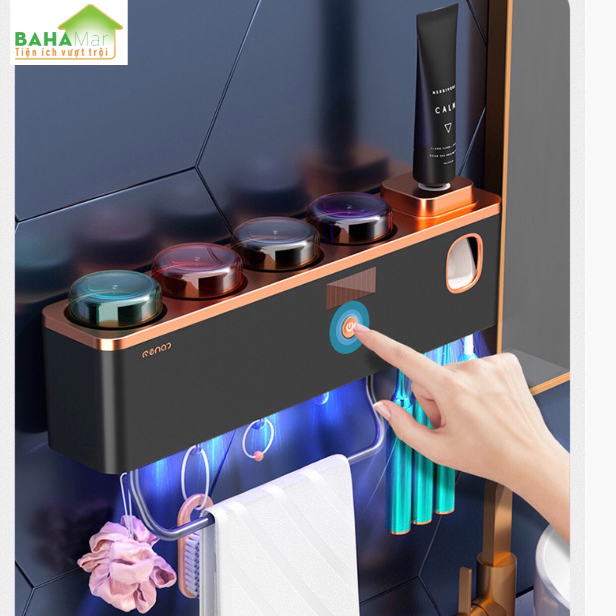 HỘP THÔNG MINH KHỬ TRÙNG BÀN CHẢI ĐÁNH RĂNG, KHĂN MẶT CÓ 4 CỐC VÀ Ô VẮT KEM ĐÁNH RĂNG "BAHAMAR" tia cực tím khử trùng và tạo ôzôn lan tỏa. bàn chải đánh răng cài từng vị trí dễ thoát nước
