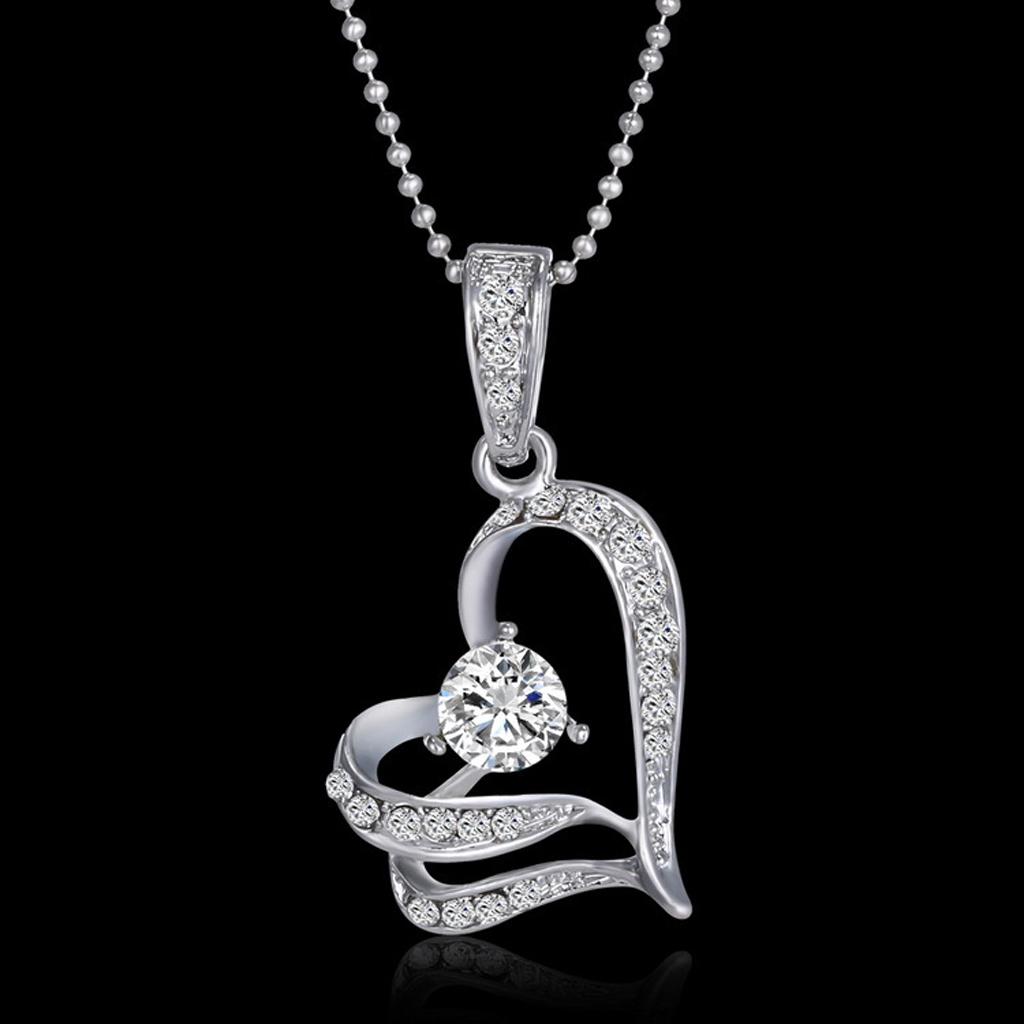Women Double Heart Rhinestone Pendant Chain Necklace Jewelry Silver Gift