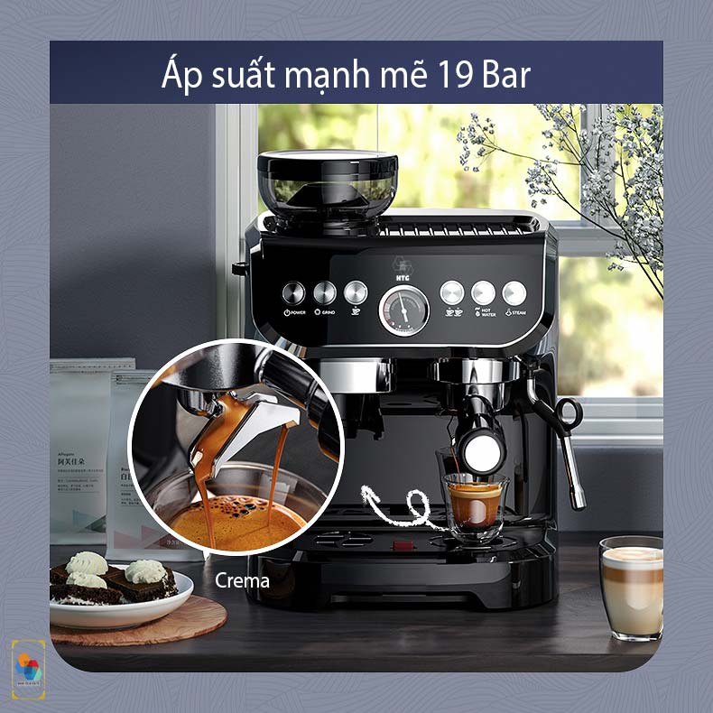 Máy pha cà phê Hitech CF07 tích hợp xay bột cà phê 15 mức, đánh bọt sữa, pha espresso 19 bar mạnh mẽ, 3 trong 1 tiện lợi, tặng kèm temper inox và vòng đệm xay, hàng chính hãng