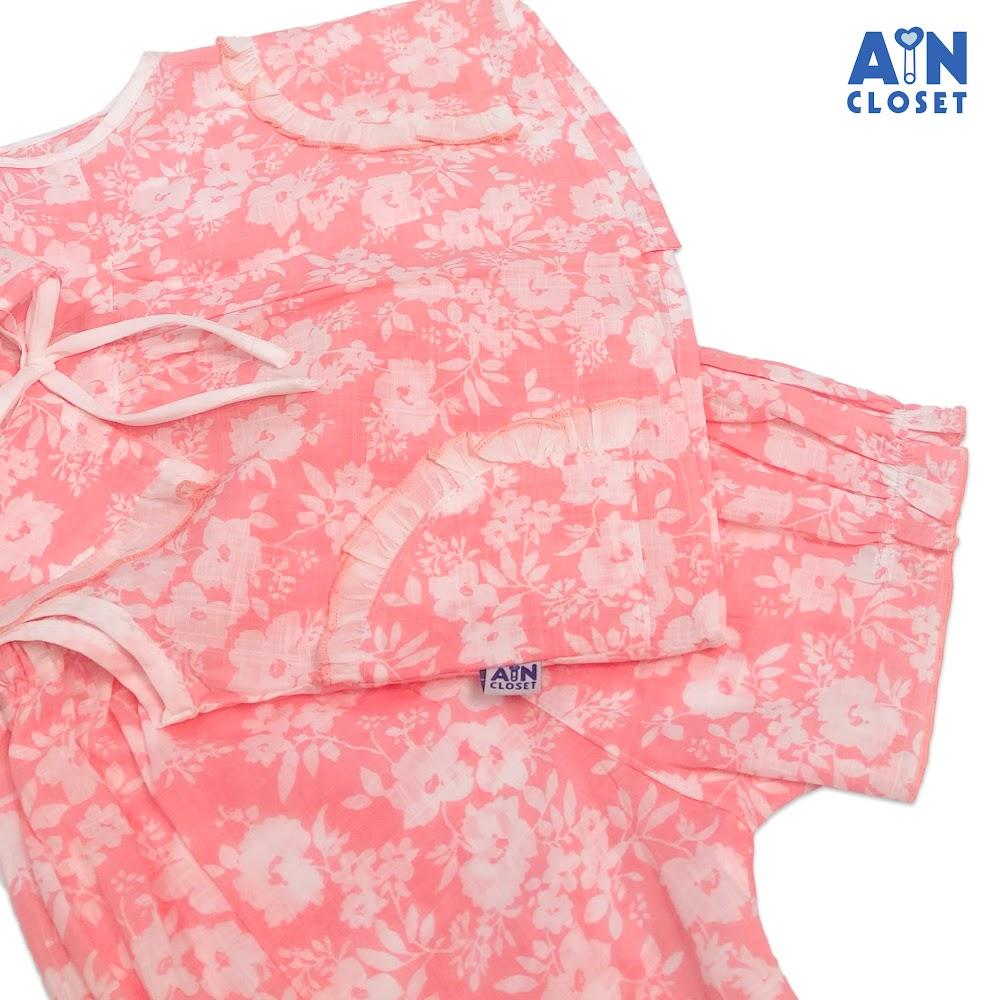 Bộ quần áo ngắn bé gái họa tiết Hoa Cẩm tú trắng nền hồng linen xước - AICDBG6YPTDY - AIN Closet