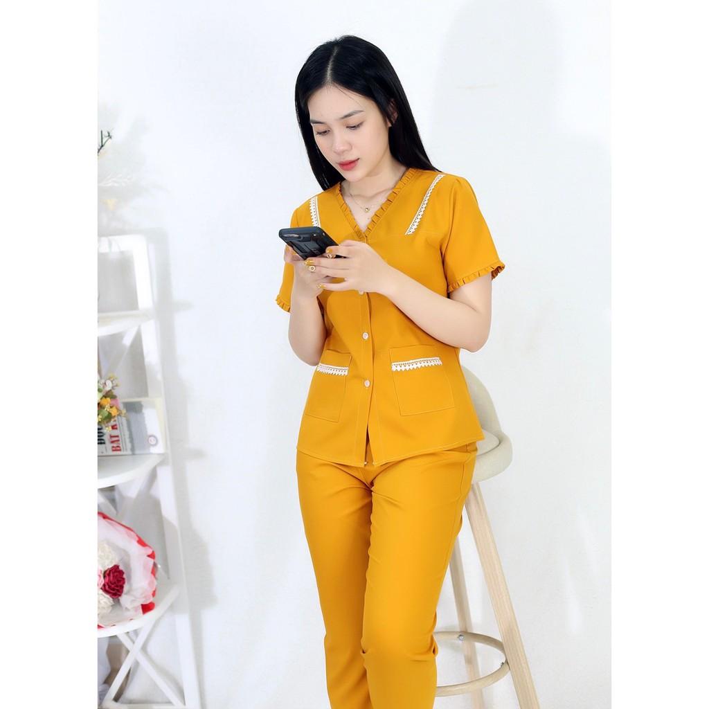 Bộ đồ bộ màu VÀNG PHA REN tay ngắn quần dài vải siêu lụa - Thoải Mái Nhẹ Nhàng