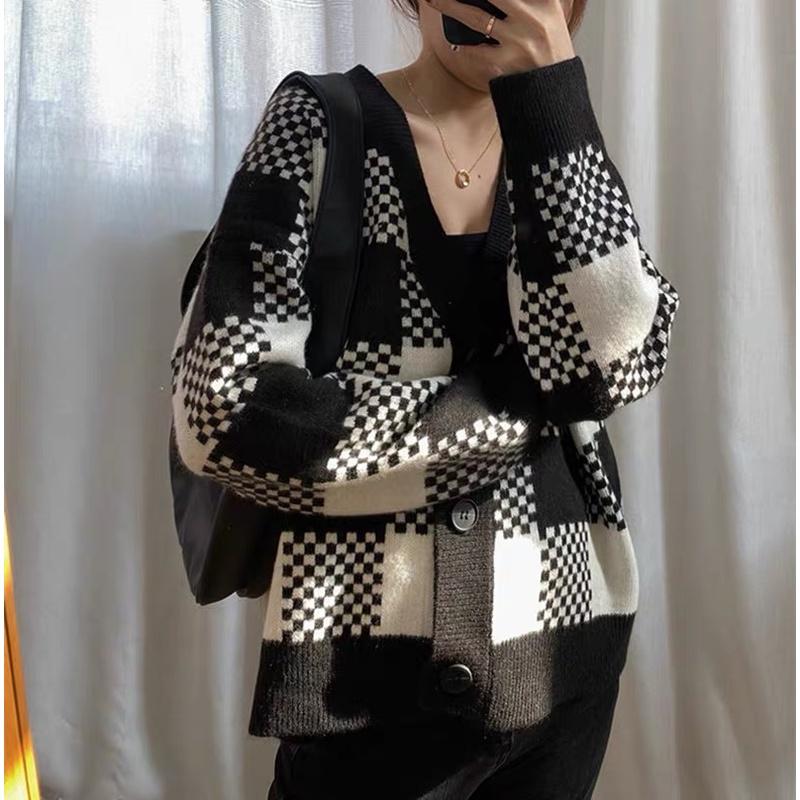 MS468 Áo cardigan len kẻ caro Hàn Quốc