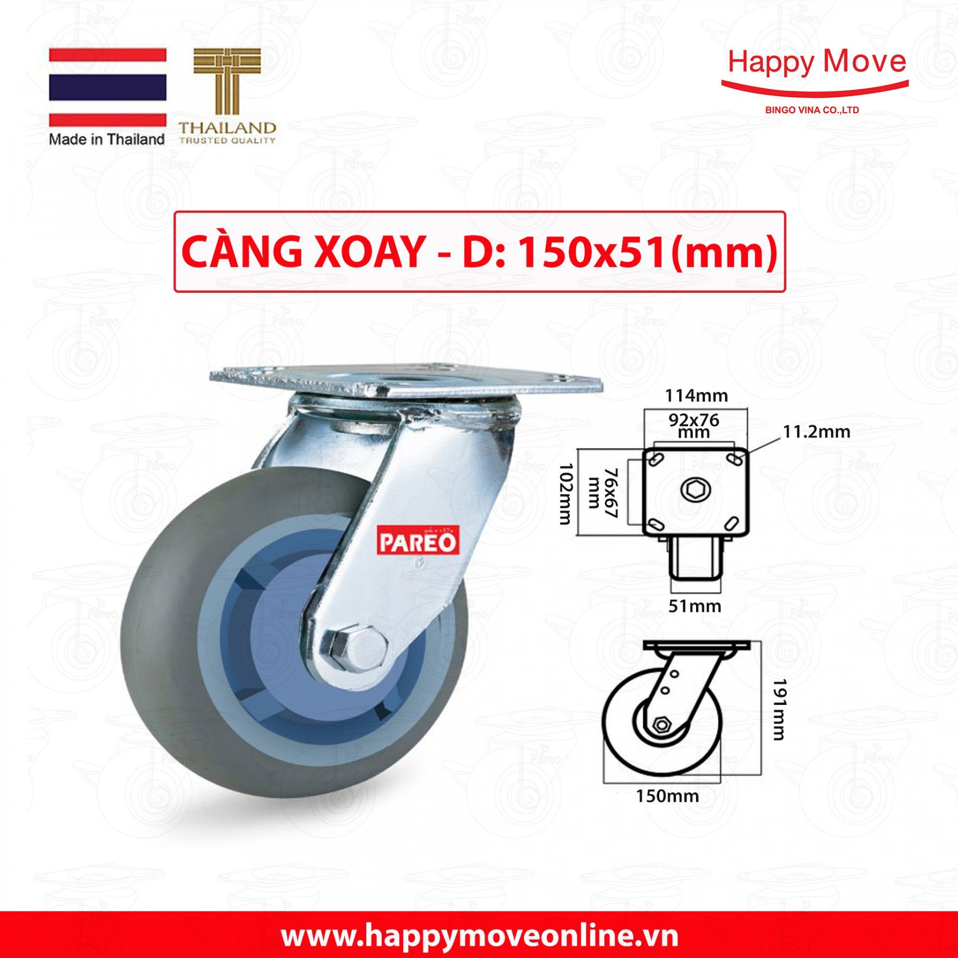 Bánh xe đẩy cao su xám tải nặng càng xoay - 150 - 200mm - Happy Move Thái Lan