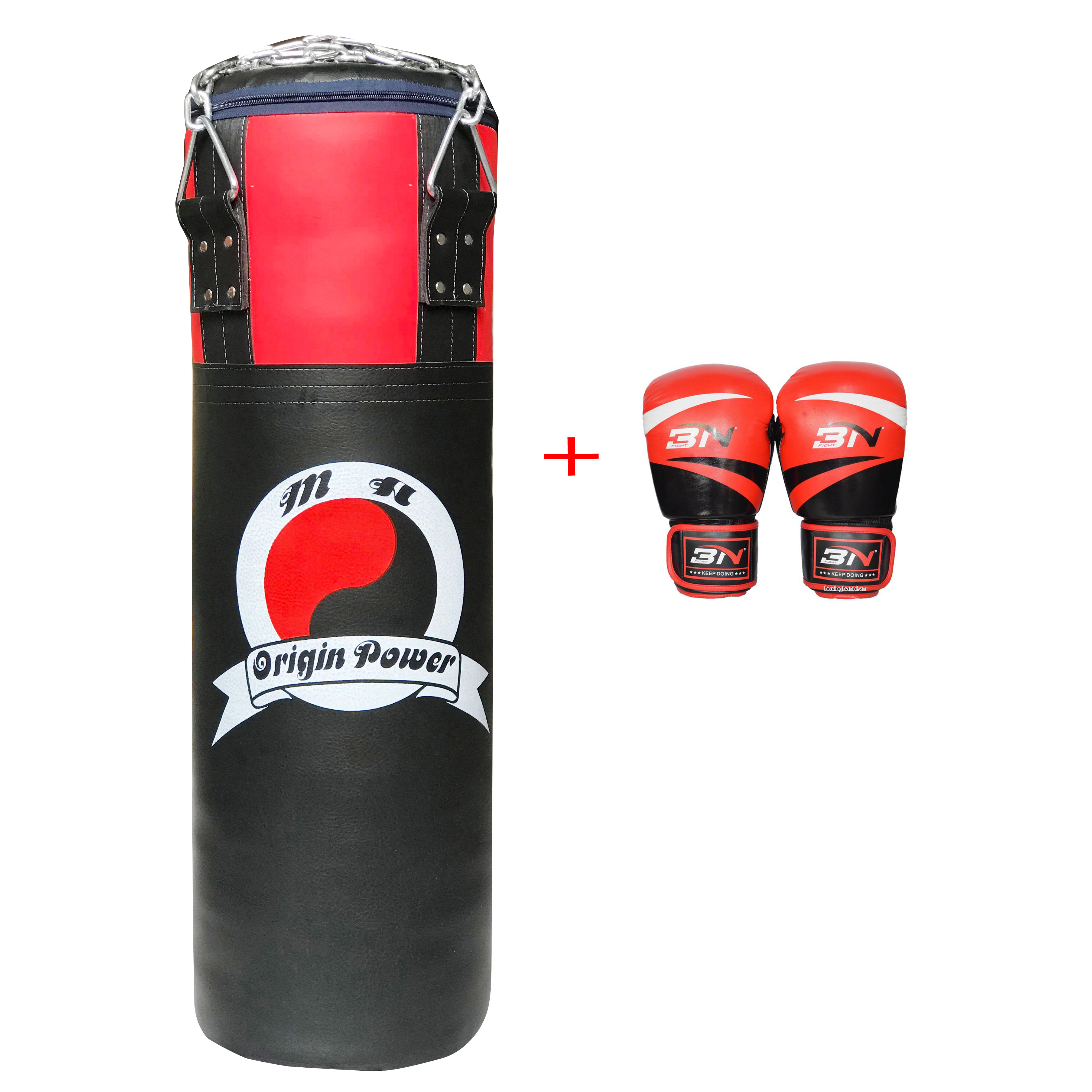 Bao cát nhồi hoàn thiện đấm boxing cao cấp đai treo xích cao 1m tặng Găng BN màu đỏ