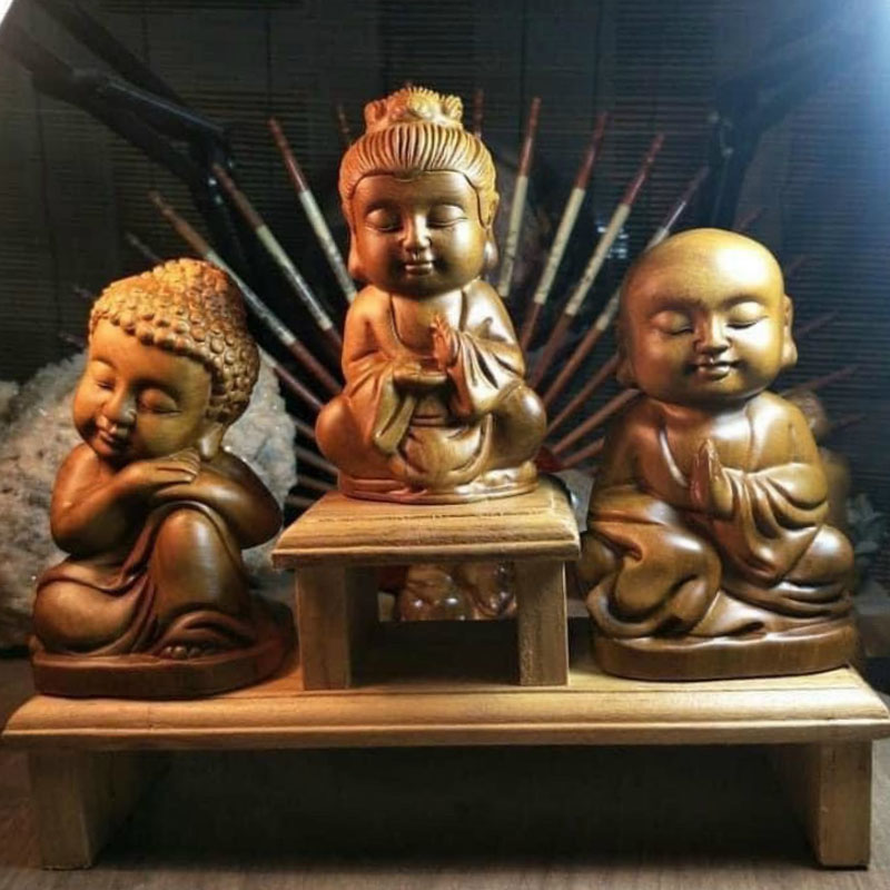 Bộ tượng gỗ tam phật thiền gỗ bách xanh đặt bàn trà, bàn làm việc - Tượng gỗ thưởng trầm, thưởng trà, trang trí tiểu cảnh
