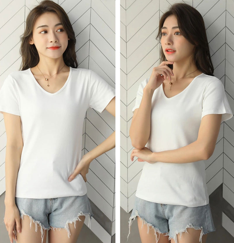 Áo thun nữ mùa hè 2021 cộc tay, cổ tim, phông trơn vải cotton co giãn tốt