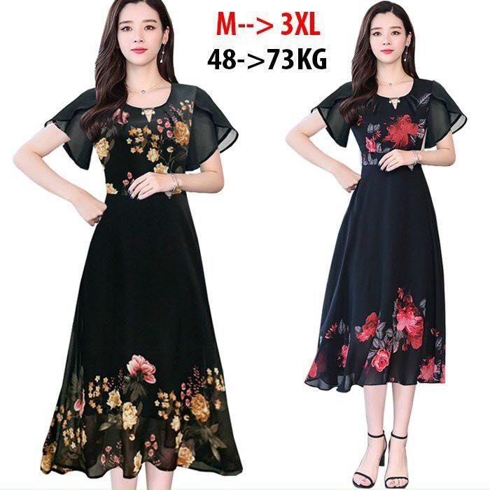 Đầm trung niên sang trọng cho mẹ in họa tiết, bigsize thiết kế dáng xòe đẹp cao cấp dự tiệc