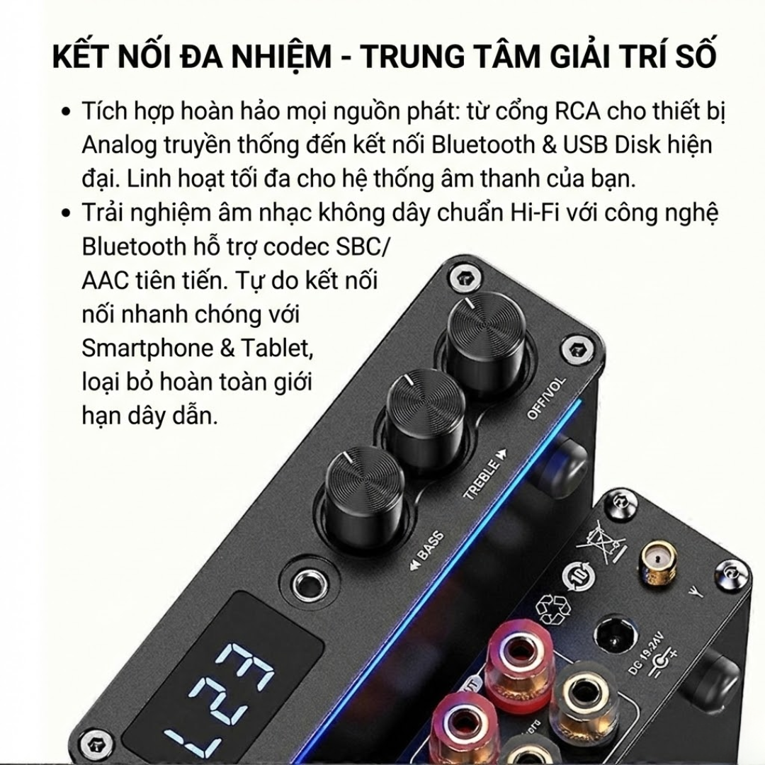 Amply Bluetooth 5.3 Kép Chip TPA3116D2  Công Suất 200W (100W+100W) – Hỗ Trợ USB/RCA/AUX – LED RGB Hát Karaoke G12D - Hàng Nhập Khẩu