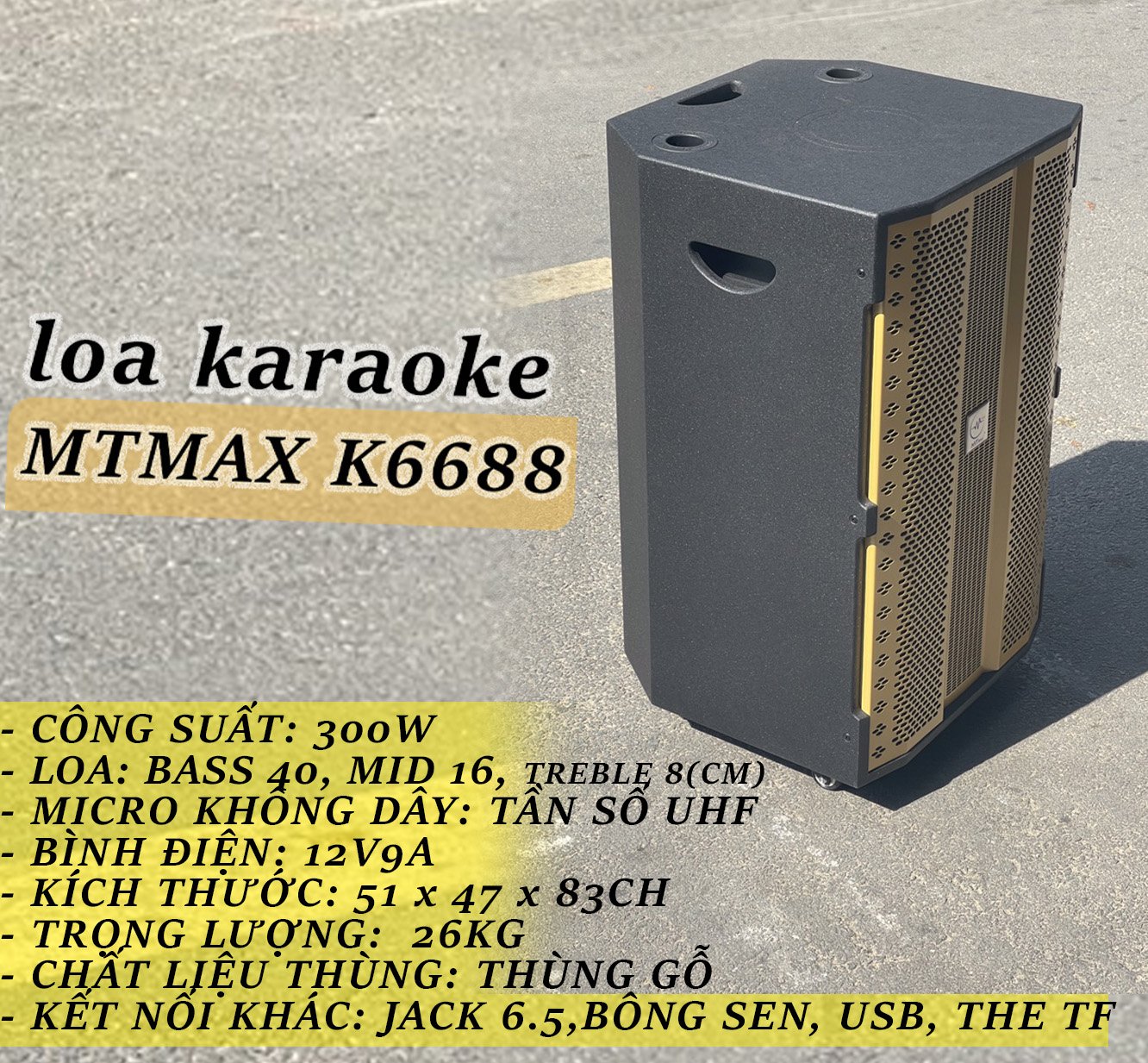 Loa kéo MTMAX K6688 bass 40 công suất lớn 4 tấc 1 mid 1 treble - Loa khủng long công suất theo nhà sản xuất đến 500W - Kèm 2 micro không dây UHF - Đầy đủ kết nối Bluetooth, AV, USB, SD card, TWS - Thùng gỗ cao cấp cho âm thanh mạnh mẽ, chân thực