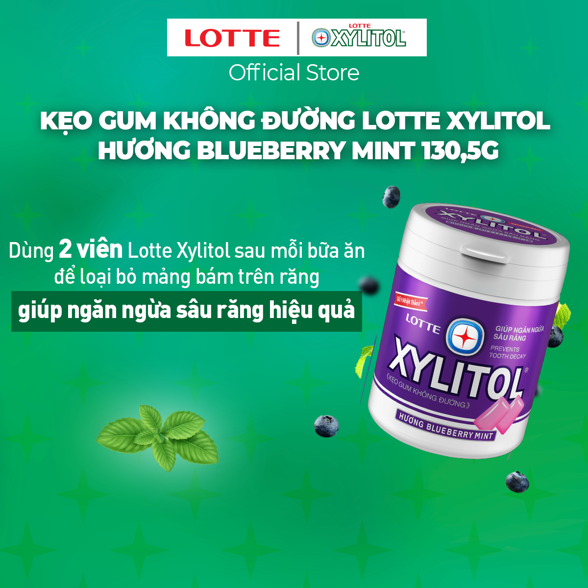 Combo 6 hũ Kẹo Gum không đường Lotte Xylitol - Hương Blueberry Mint 130,5 g