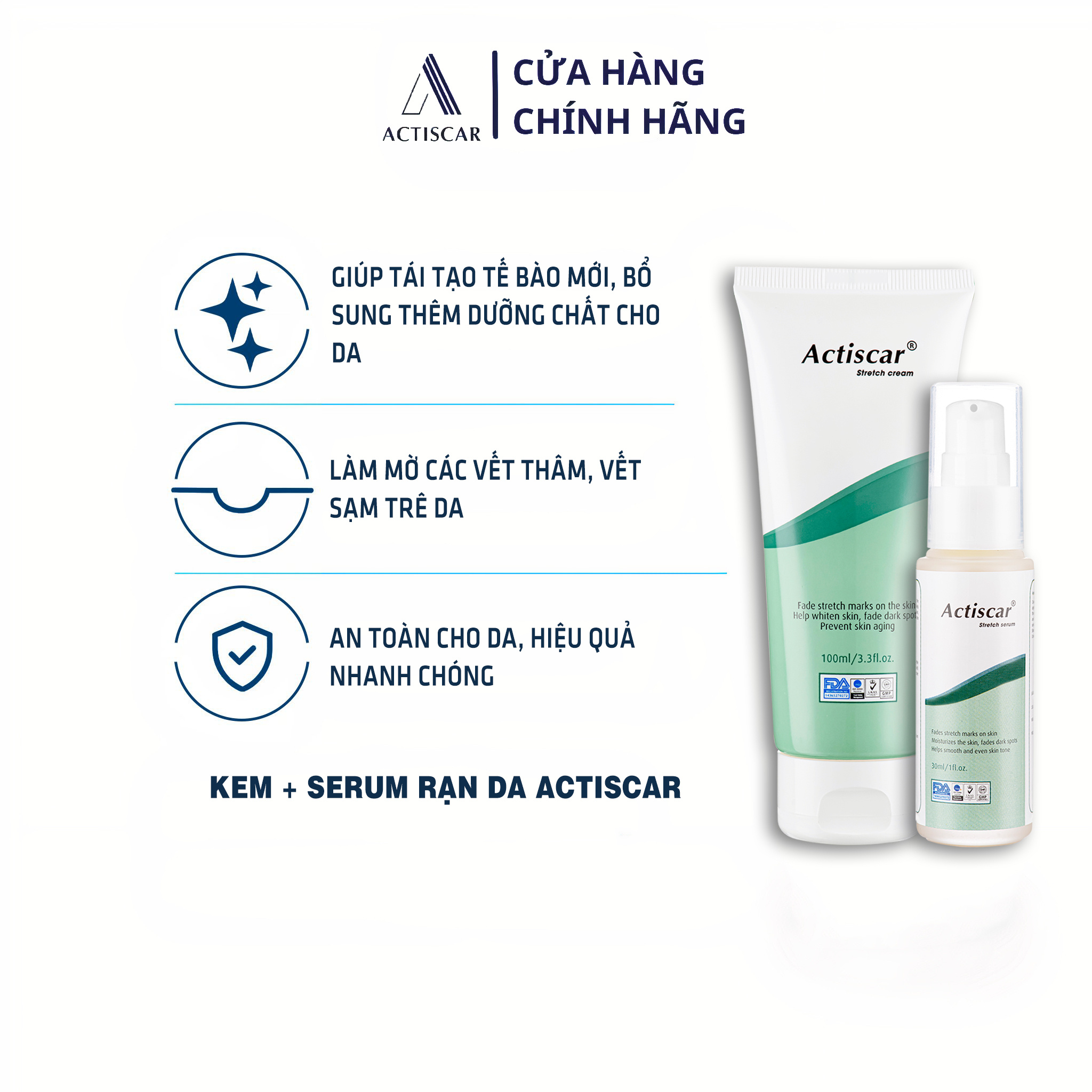 Combo Kem Rạn Da Actiscar Stretch 100ml và Serum Rạn Da 30ml