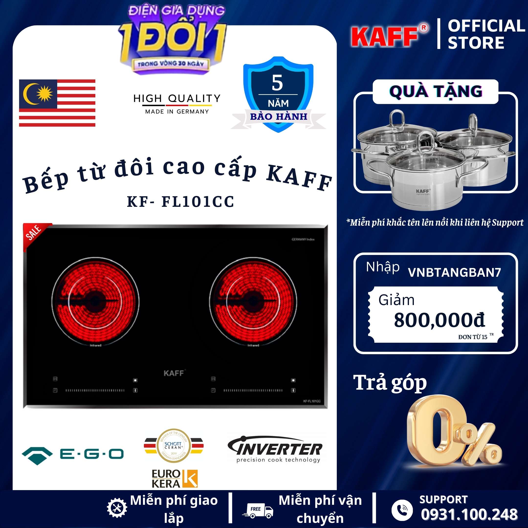 Bếp âm hồng ngoại đôi nhập khẩu Malaysia KAFF KF-FL101CC - Hàng chính hãng