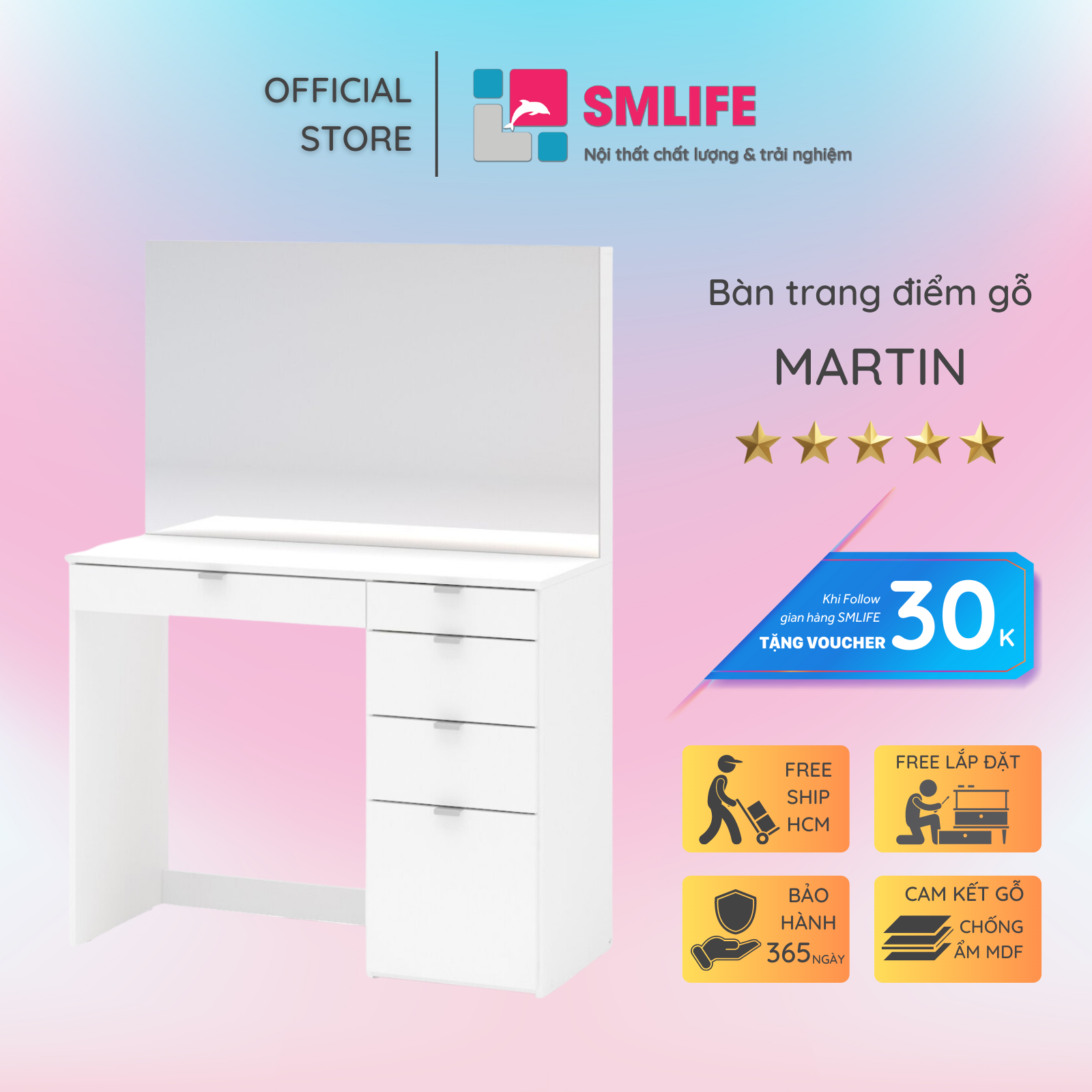 Bàn trang điểm gỗ hiện đại SMLIFE Martin | Gỗ MDF dày 17mm chống ẩm | D100xR45xC140cm