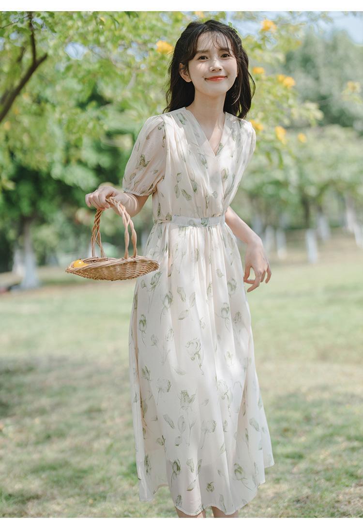 CHENGRUI Pháp nhỏ làm mới váy ngọt ngào thắt lưng ren-up trà nghỉ váy dài mùa hè hoa đầm phụ nữ
