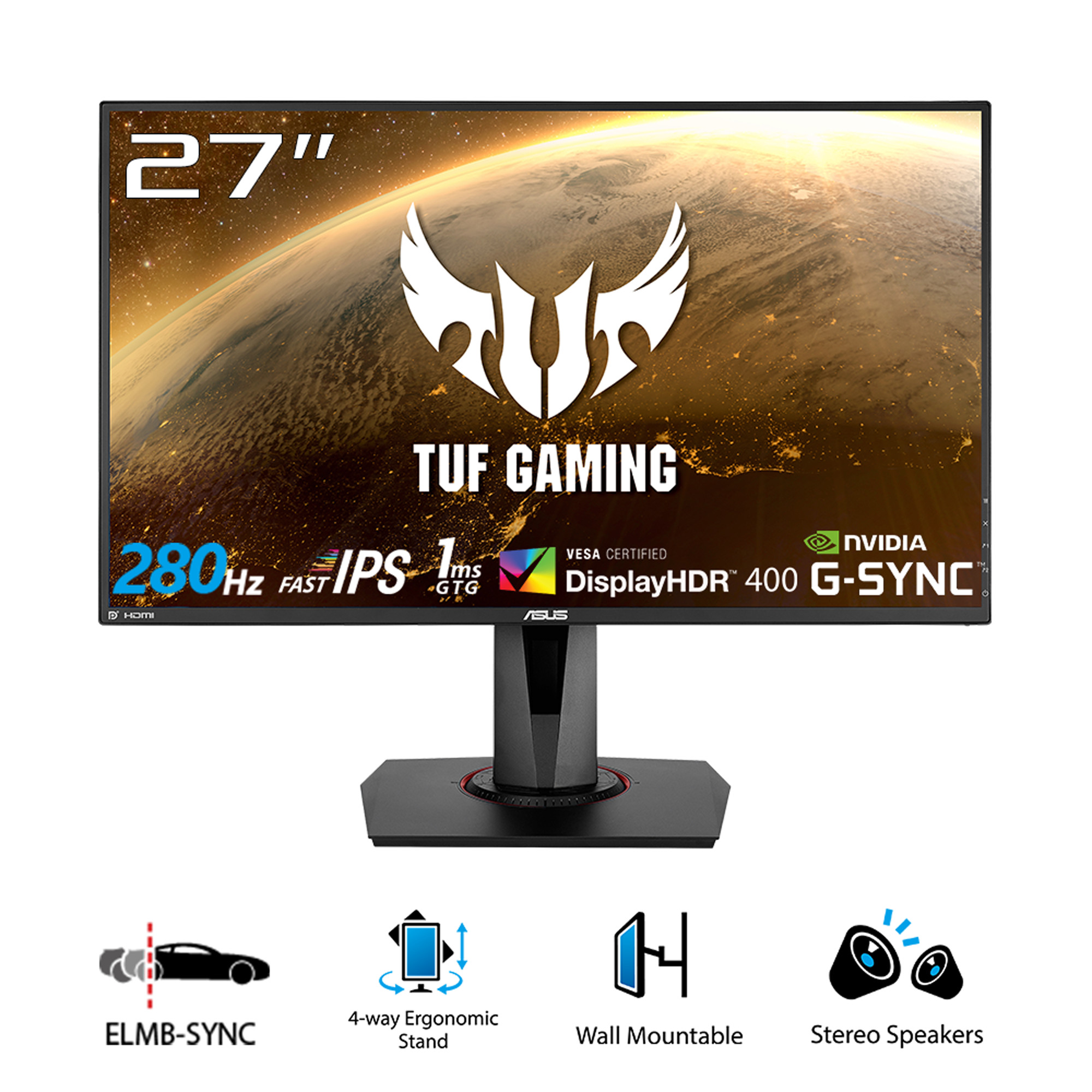 Màn Hình ASUS TUF GAMING VG279QM 27 inch Full HD (1920 x 1080) 1ms 280Hz ELMB SYNC, G-SYNC, Fast IPS, 2W x 2 Stereo RMS - Hàng Chính Hãng