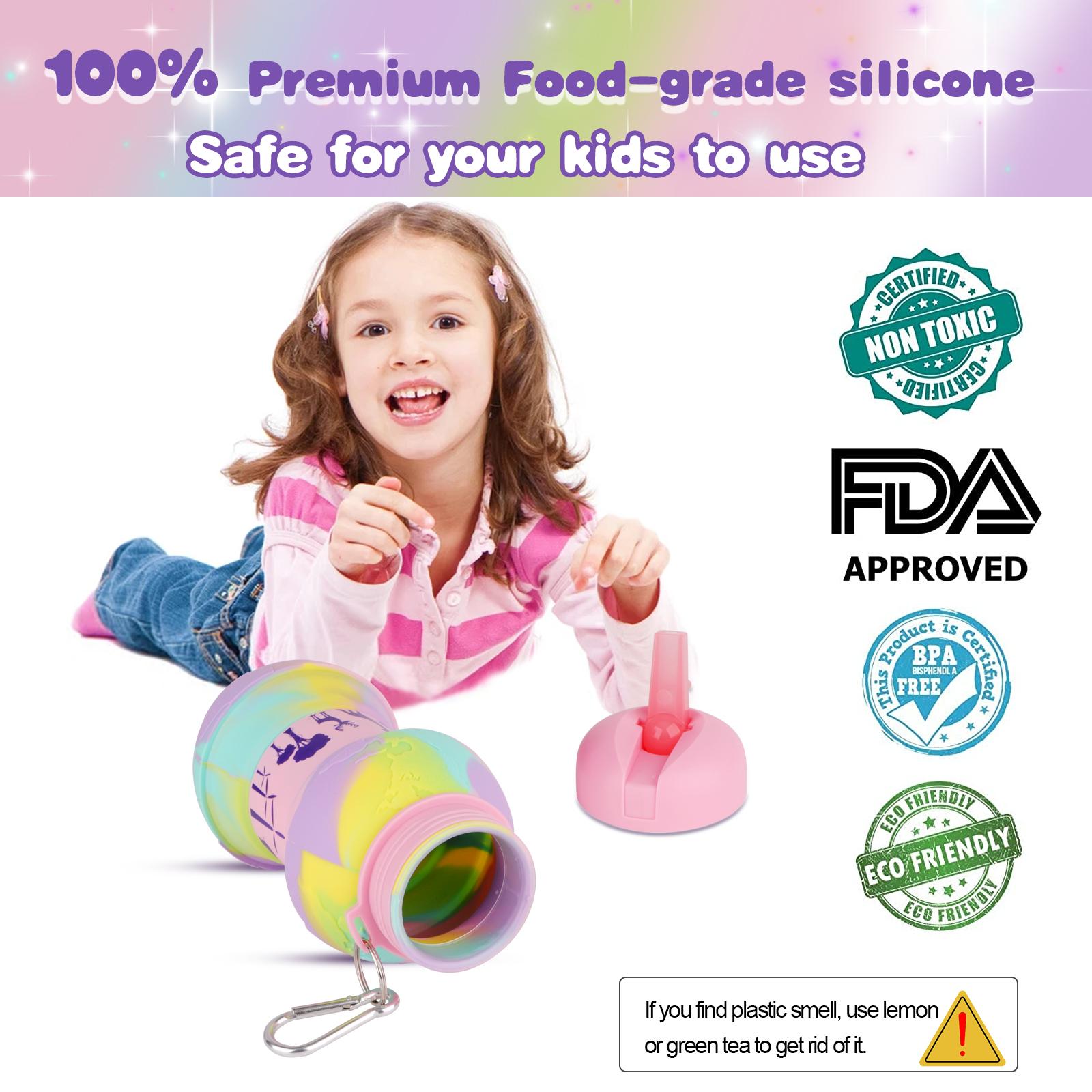 550Ml Sáng Tạo Silicone Bình Nước Cho Trẻ Em Bé Gái Không Chứa BPA Gấp Di Động Bình Nước Với Kỳ Lân Mặt Dây Chuyền Trẻ Em Quà Tặng