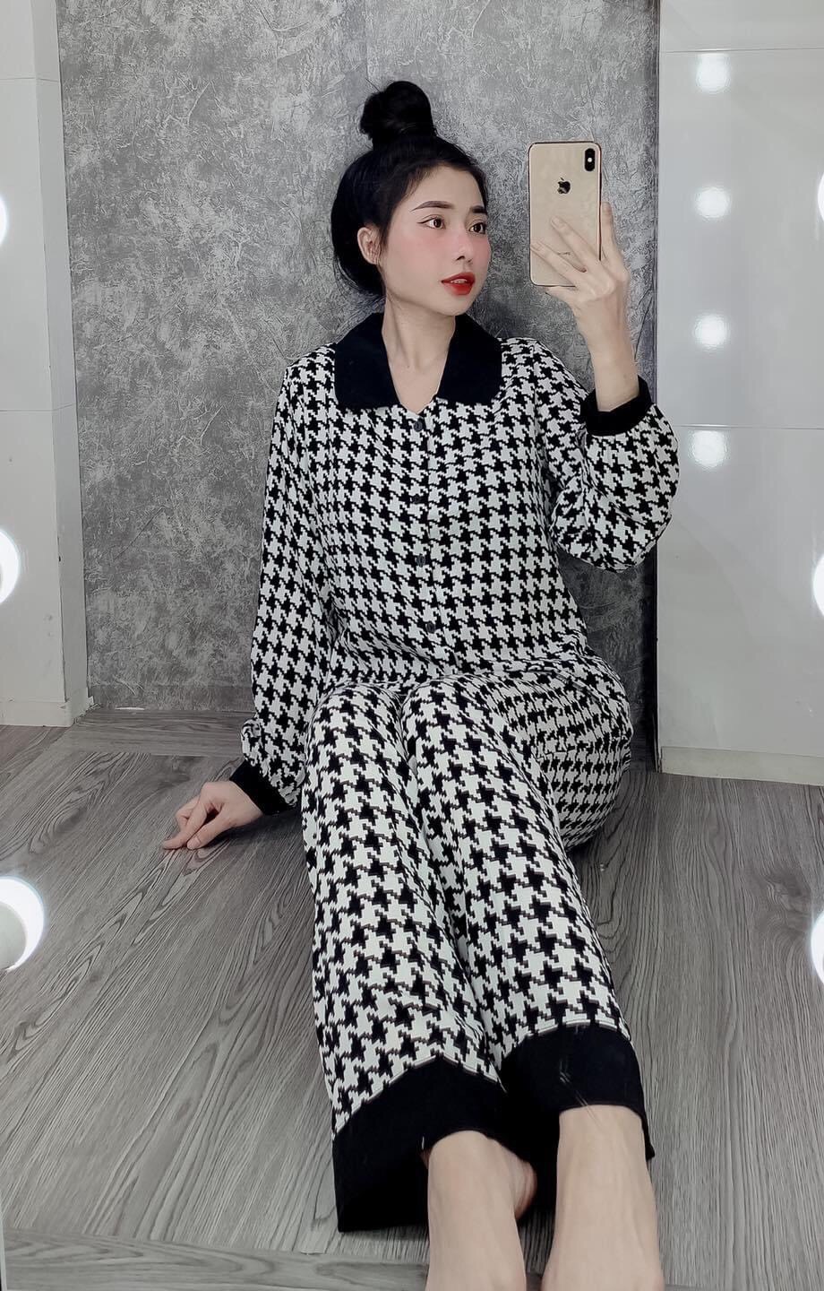 Pijama lụa Satin họa tiết đen trắng cực xinh