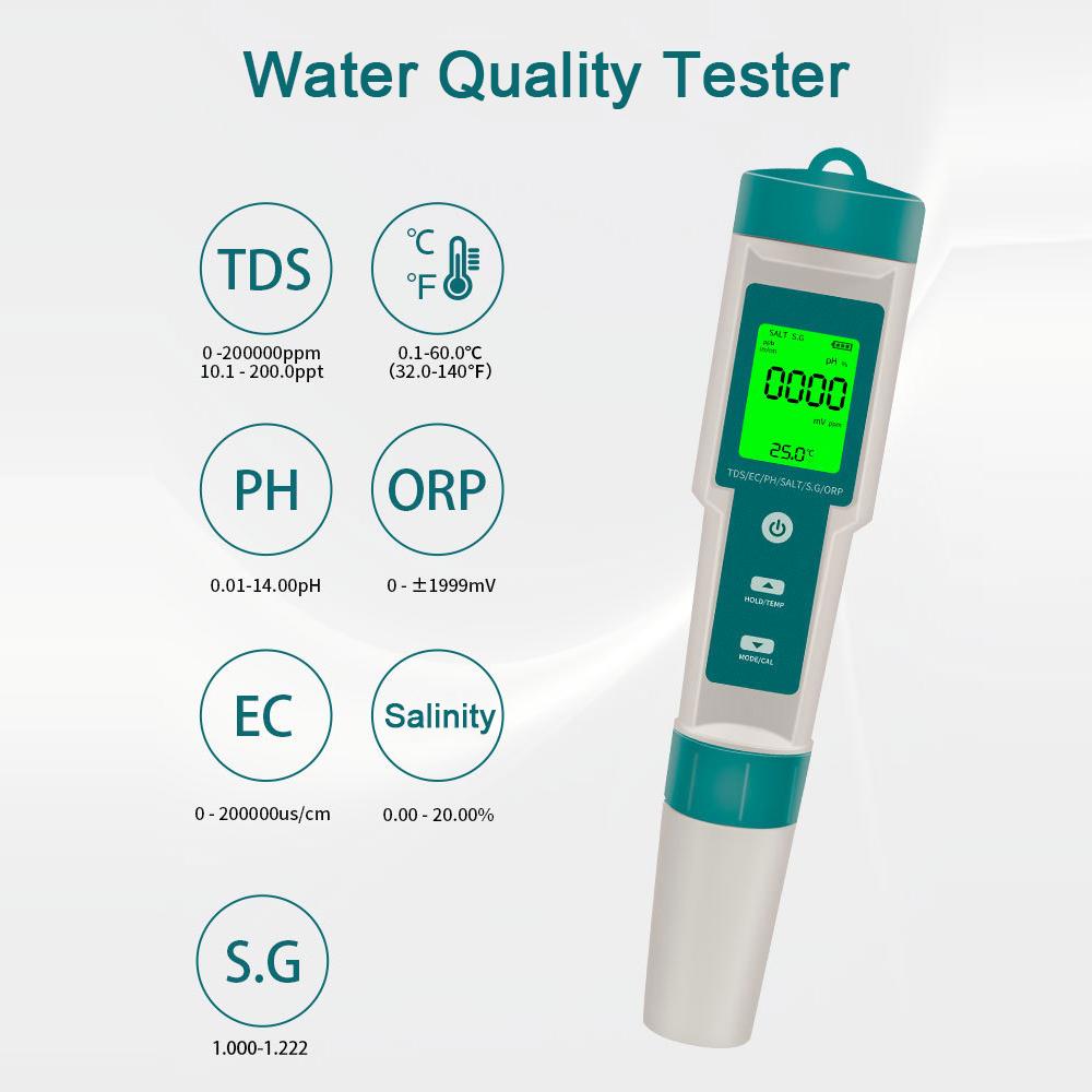 Multifunctional Digital 7 in 1 Water Quality Tester Portable High Accurancy Water Quality Test Pen Water Quality Measurement Tool Water PH/TDS/EC/Salinity/ORP/S.G/Temperature Measuring