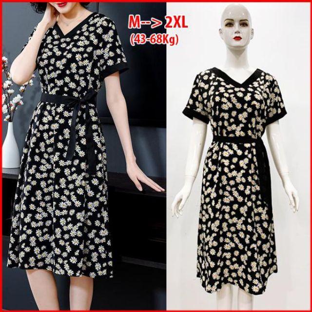 ĐẦM SUÔNG CỔ V CỘT EO IN HOA CÚC