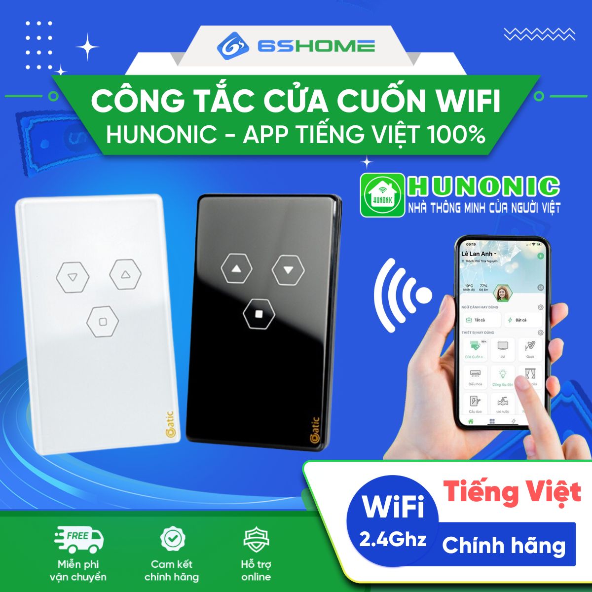 Công Tắc Cửa Cuốn Thông Minh WiFi Hunonic Datic, App Tiếng Việt, Điều Khiển Từ Xa Qua Điện Thoại- DATIC-SDOOR