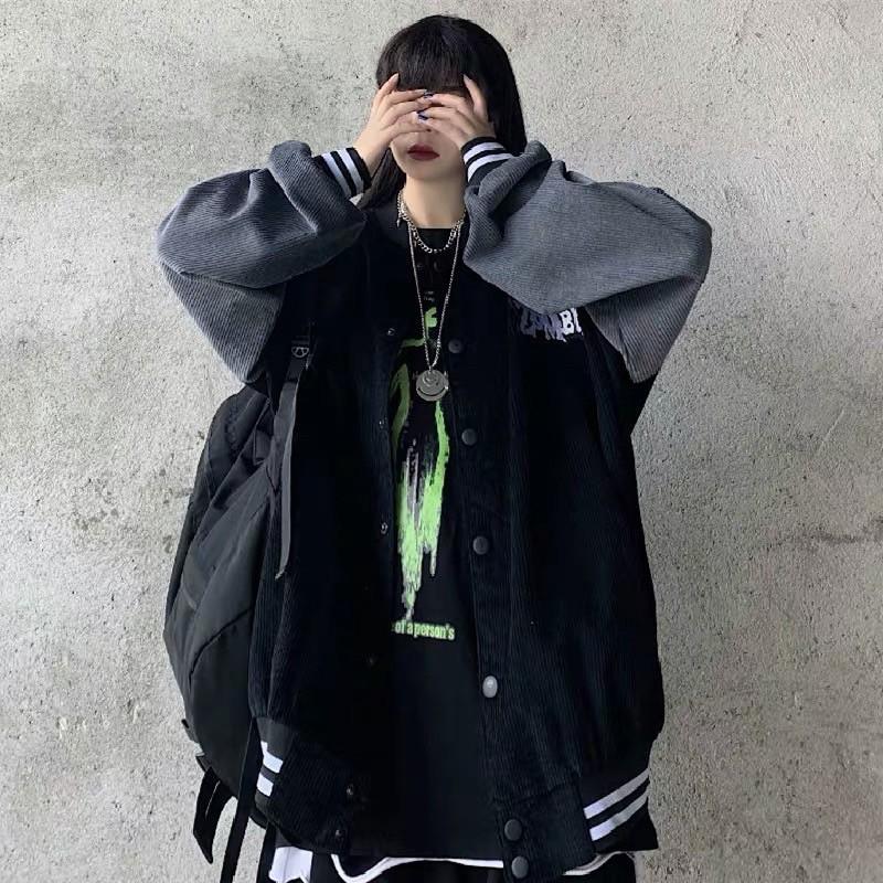 Áo Khoác Bóng Chày Bomber Unisex Mã ZOMBE Chất Nhung Tăm Màu Đen Phối Tay Xám Full Size Dưới 75kg