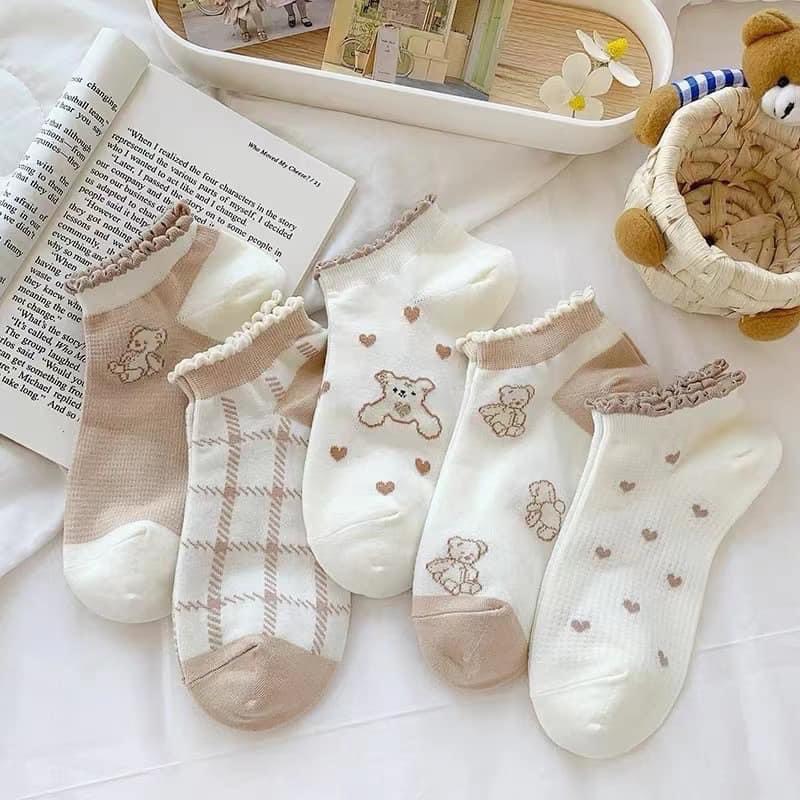 LỐ 10 ĐÔI TẤT GẤU NÂU PHỐI MÀU CỔ THẤP VIỀN BÈO DỄ THƯƠNG CHO NỮ