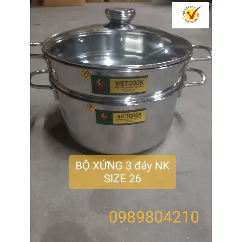 Bộ nồi xửng hấp inox ,xửng hấp inox 2 tầng 3 đáy nắp kính,nắp inox VietCook đun bếp từ size 26 chõ hấp xôi