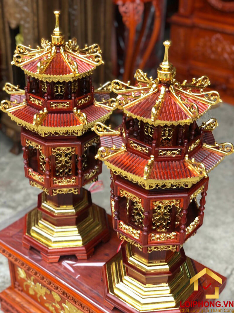 Đèn thờ hình tháp mái chùa bằng gỗ hương cao 61 cm