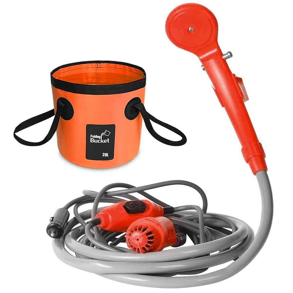 Vòi sen cắm trại bằng điện 12V với xô nước gấp gọn nhỏ gon tiện lợi dùng rửa xe tưới cây cắm trại