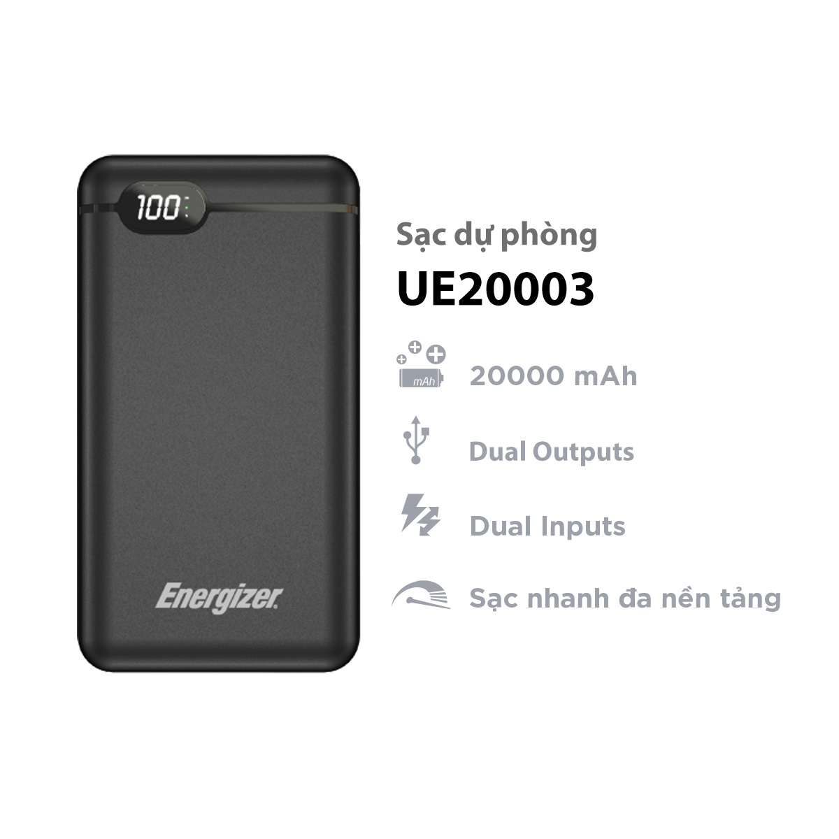 Sạc dự phòng Energizer 20,000mAh/3.7V Li-Polymer -tích hợp 2 cổng Output USB-A tiện dụng giúp sạc cùng lúc 2 thiết bị - UE20003 - Hàng chính hãng