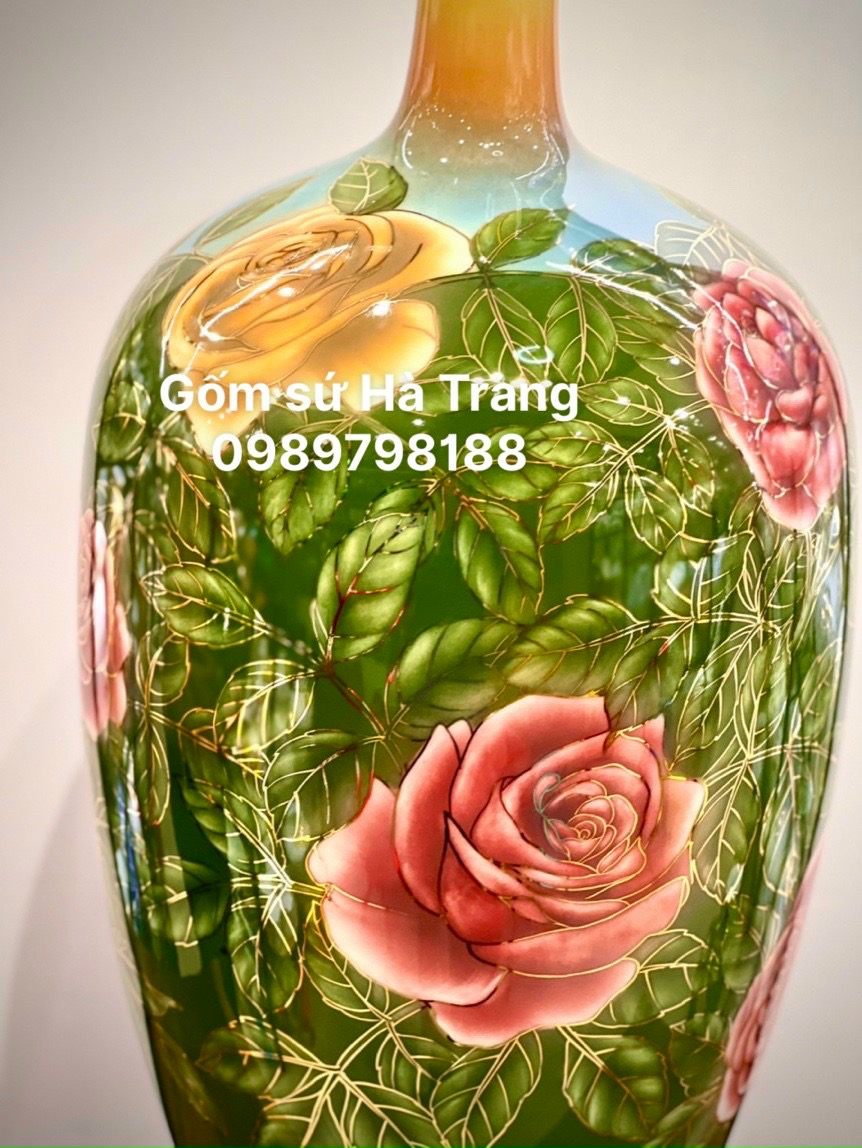 Bình hút tài lộc gốm sứ Bát Tràng cao cấp vẽ 3D vẽ vàng cao 60cm