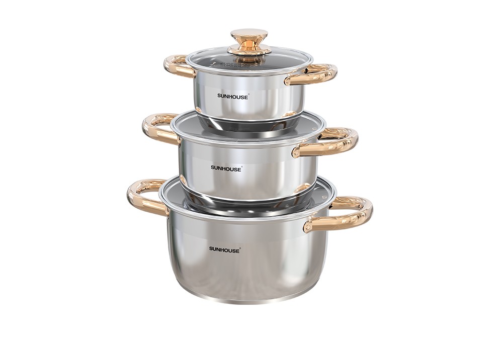 Bộ nồi inox Impact Sunhouse Healthy SHG781E -Gồm 3 nồi 16-20-24cm - Đáy phẳng hoàn hảo - Hiệu suất bắt từ 98%
