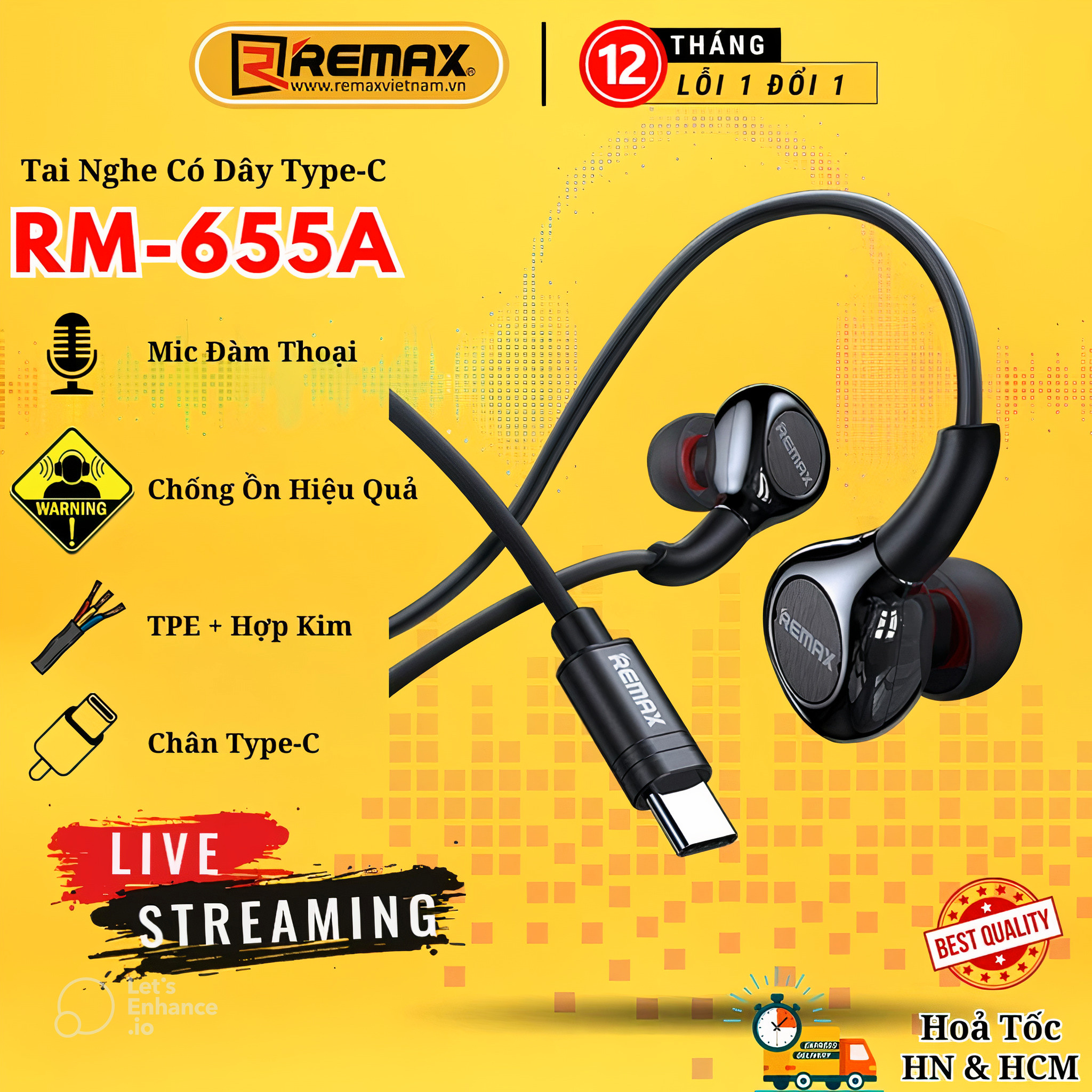Tai nghe có dây chân Type C Remax RM-655a Note 10/10Plus, S20 Plus, S20 Ultra.Dùng Được Tất Cả Máy Chân Type C - Hàng Chính Hãng Remax