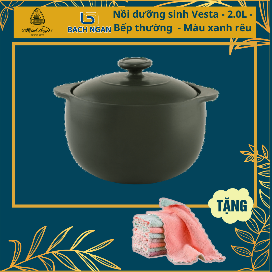 Nồi Sứ Dưỡng Sinh Minh Long - Vesta 2.0 L - dùng cho Bếp Ga, Hồng Ngoại có nắp đậy, tráng men màu sứ xanh rêu, có thể kho cá, hầm cháo - nồi đất