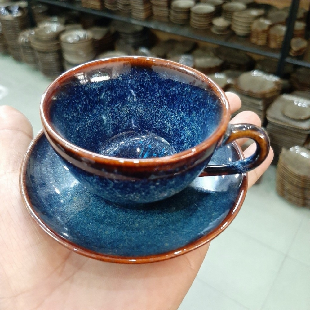 Cốc uống nước trà có quai xanh hoả biến 7x4cm - Tách uống nước chè xanh hoa biến - Ly uốc nước trà