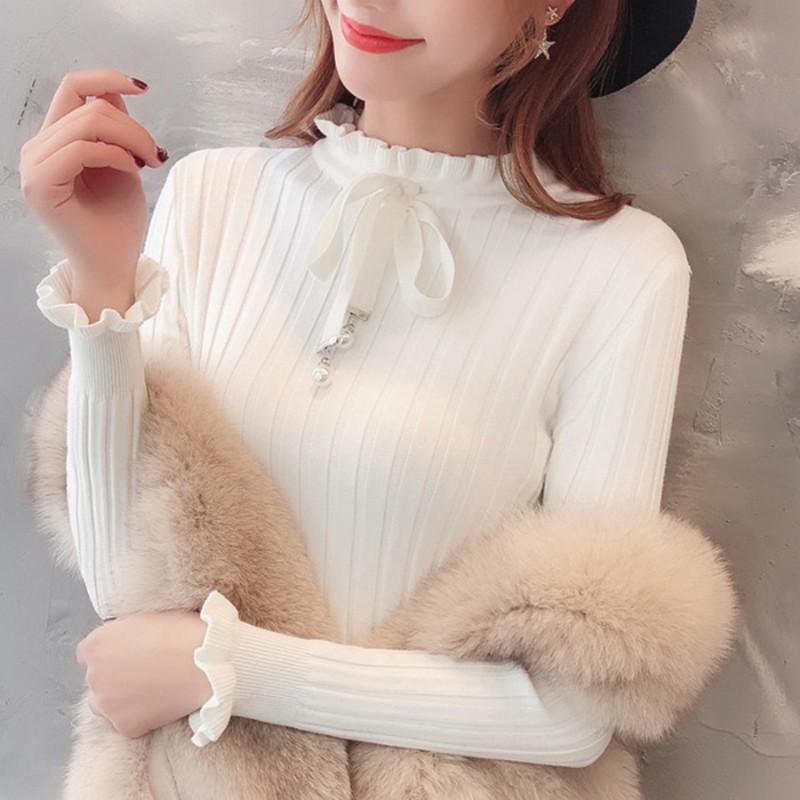 Áo dệt kim nữ cổ lọ tay dài dáng ôm màu trơn