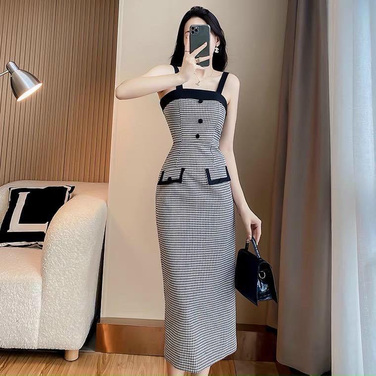 FRESHIP Sét váy đầm nữ hai dây caro giả túi mix áo khoác tay dài cùng tông thanh lịch sang chảnh KIMGIA DS