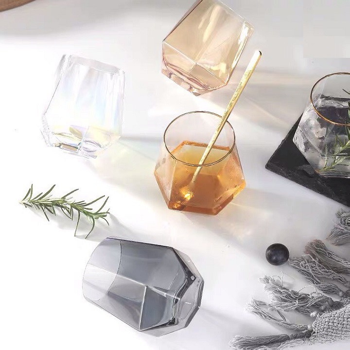 Bộ 6 Cốc Thủy Tinh Kim Cương Lục Giác Màu Vàng Chịu Nhiệt Cao Cấp