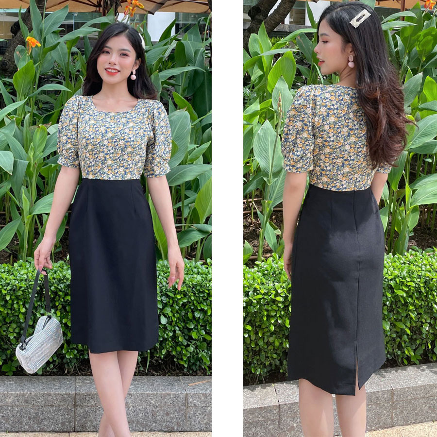 Đầm suôn chữ A phối hoa-MS027