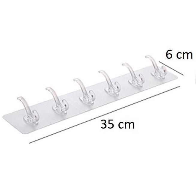 Móc Dán Tường Thanh 6 Móc Trong Suốt Siêu Dính Treo Quần Áo Không Cần Khoan Tường H007