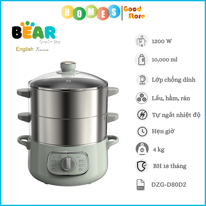 Nồi Nấu Đa Năng Lẩu Và Hấp 2 Trong 1 BEAR DZG-D80D2 10L Cao Cấp Công Suất 1200 W - Hàng Chính Hãng