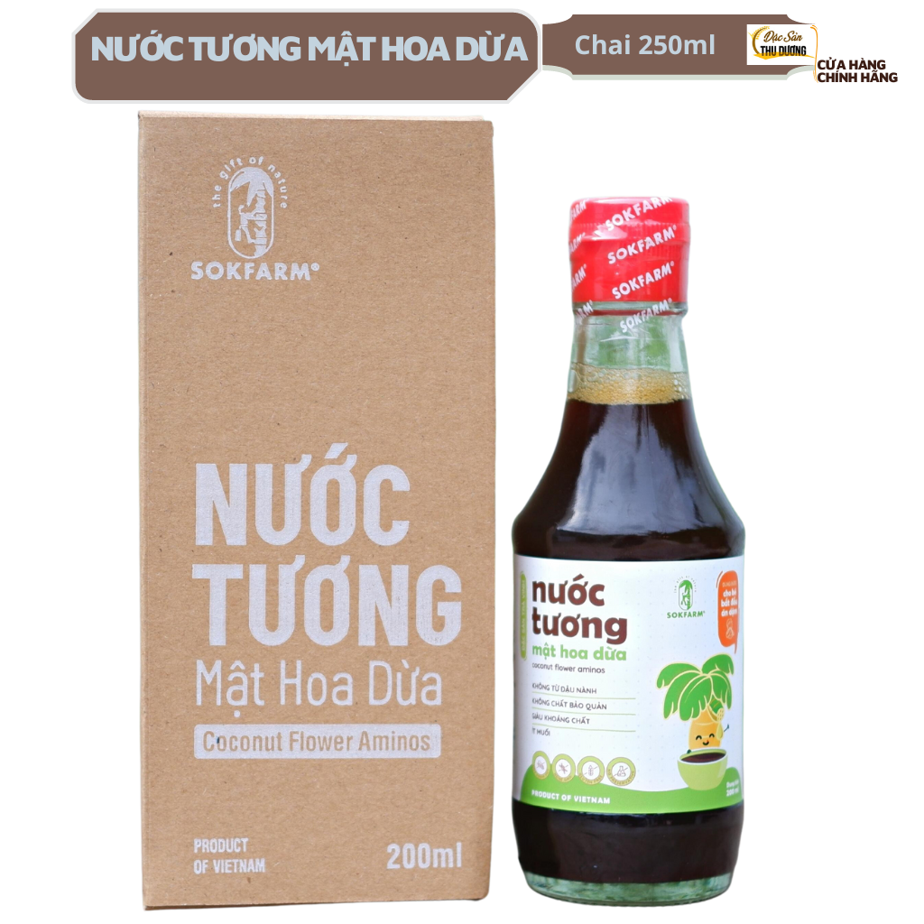 Nước tương mật hoa dừa Sokfarm - Lượng muối cực thấp, không từ đậu nành, không chất bảo quản. không chất điều vị, dùng được cho bé ăn dặm