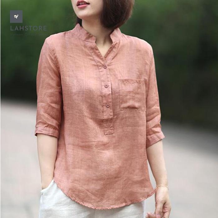 Áo sơ mi tay lỡ nữ cổ tàu bổ trụ LAHSTORE, phong cách Hàn Quốc cho mùa hè 2022 năng động