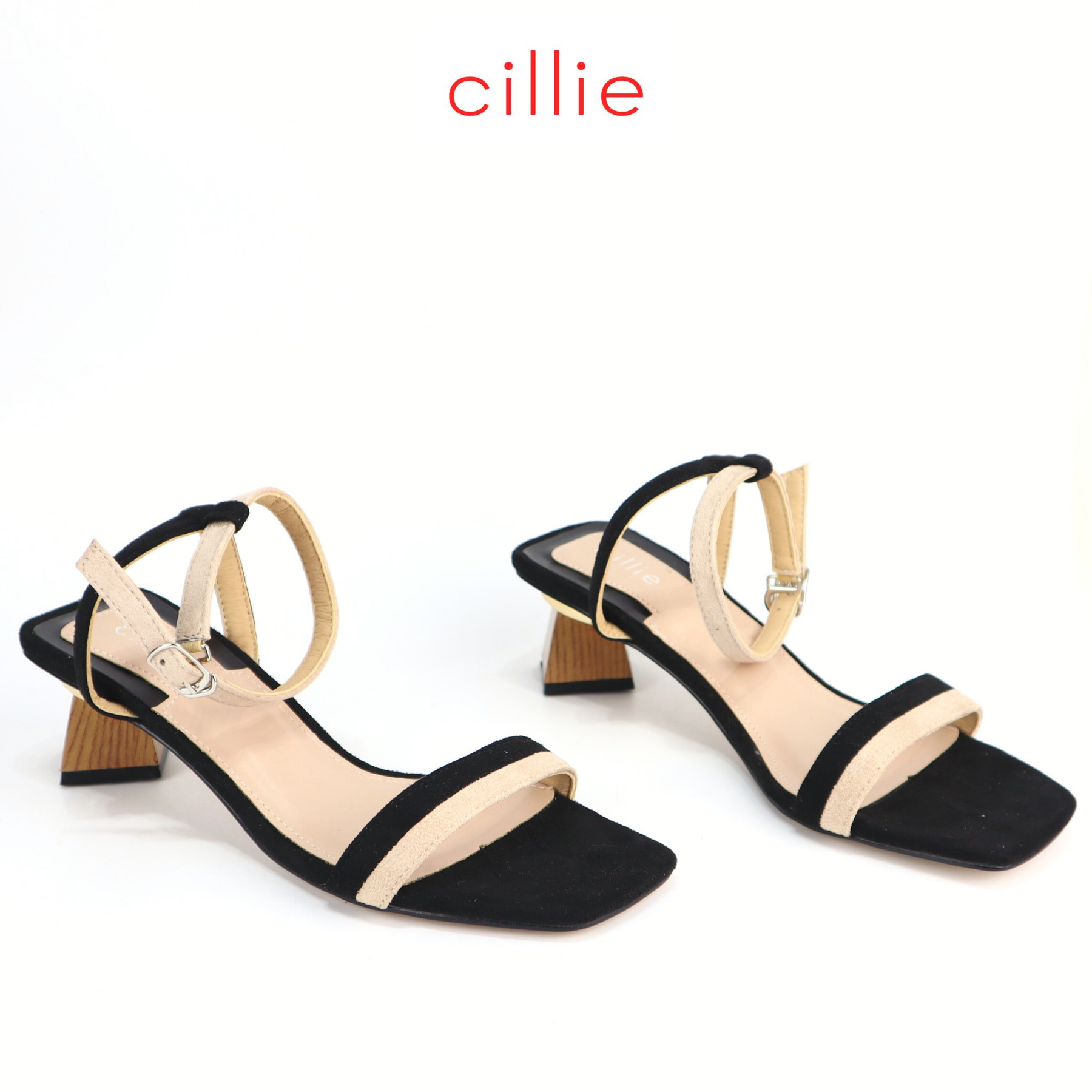 Giày sandal quai ngang da lộn phối màu cao 5cm Cillie 1198